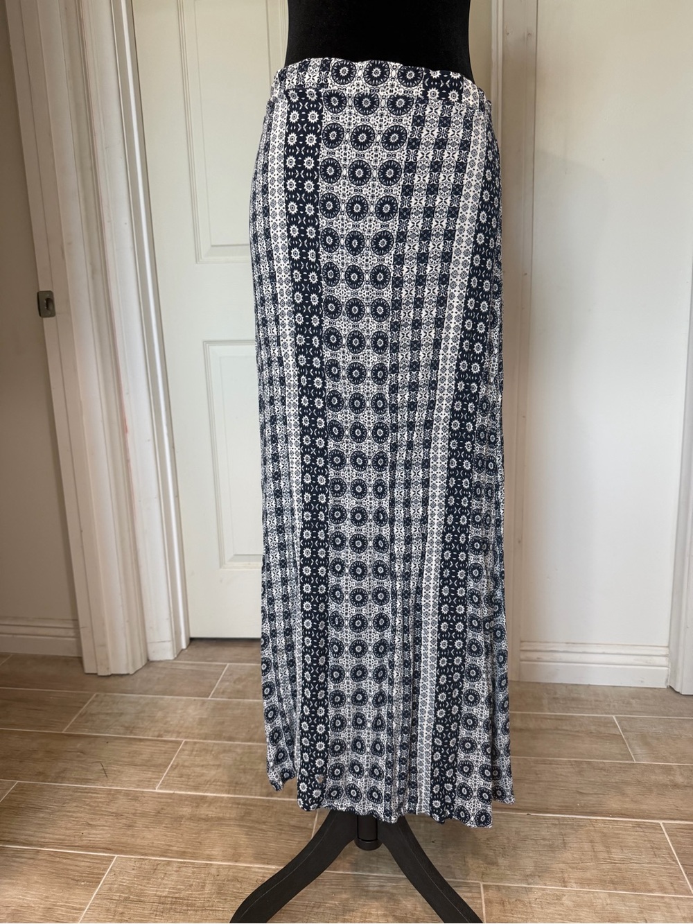 Striped Navy and White Printed Maxi Skirt